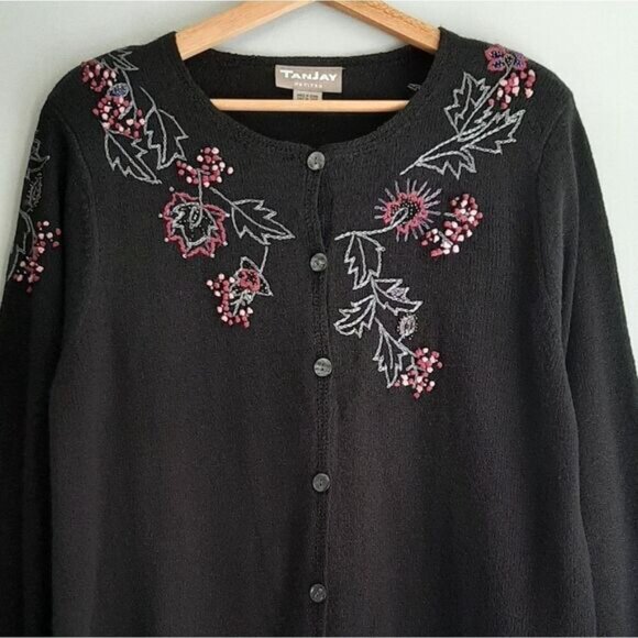 TANJAY / Floral Embroidered Button Down Fine Knit Cardigan Sweater Black Sz M P - Picture 2 of 15